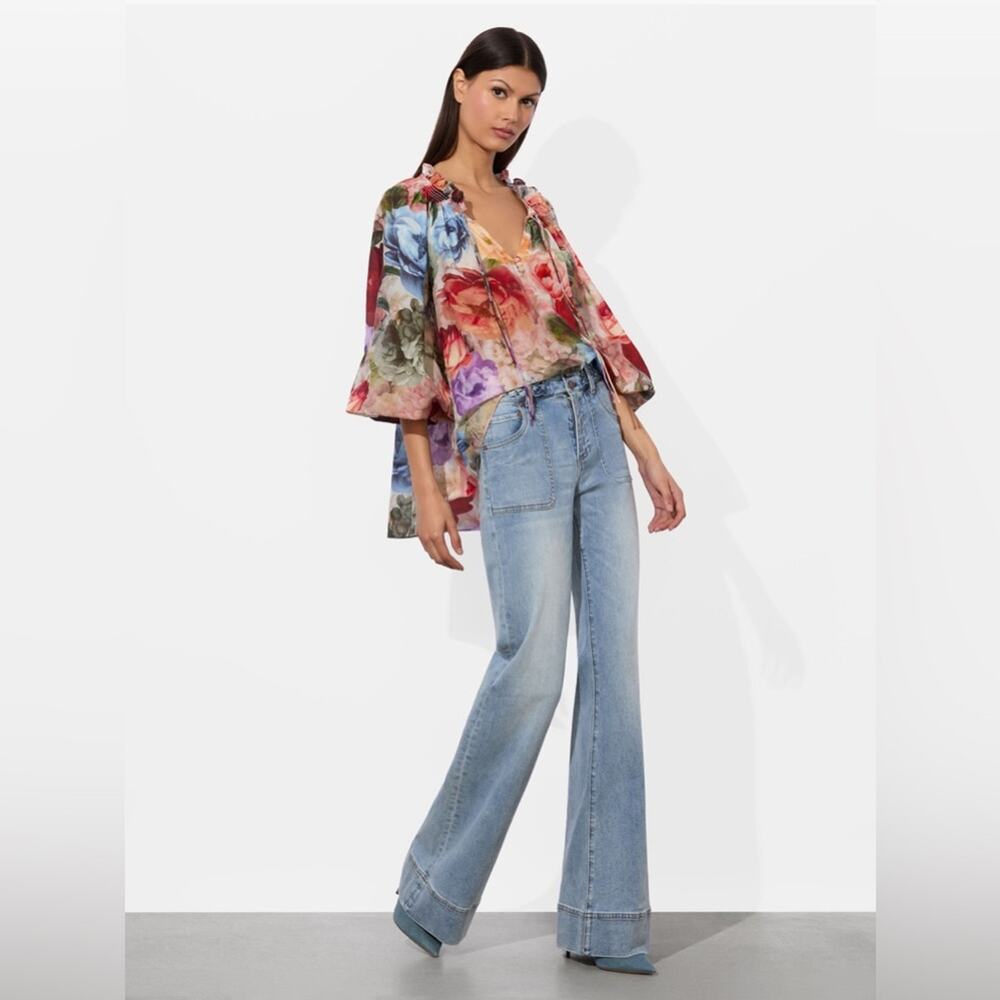 Alice + Olivia Norah Peasant Cotton & Silk Blouse in Storm Floral M - Picture 3 of 10